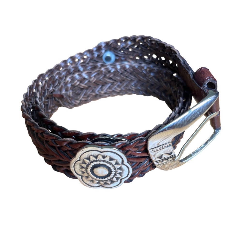 Jenny Buchanan Brown‎ Braided Leather Western Concho Belt Silver ML Cowgirl Boho